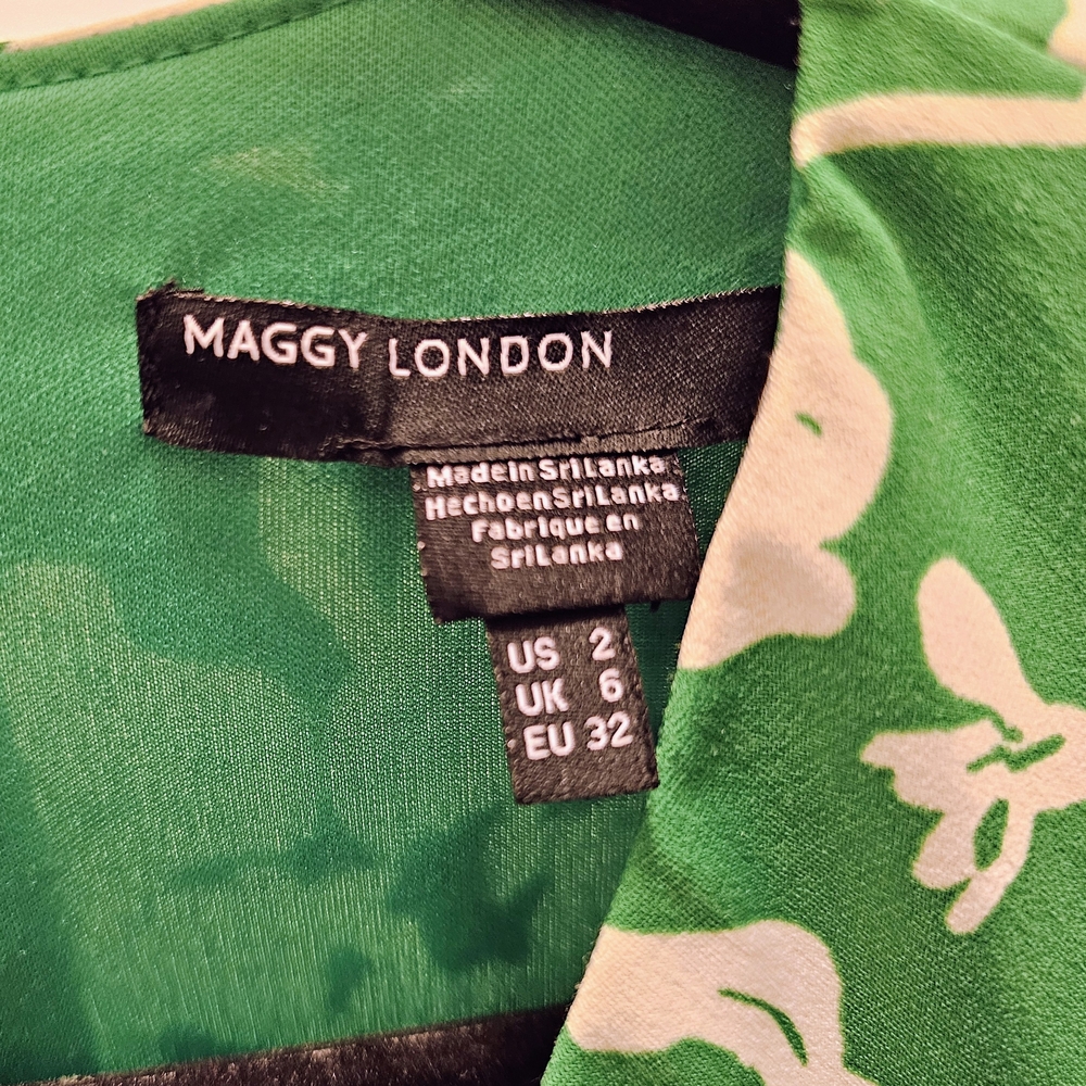 Green Floral Fit & Flare Dress Ruched V Neck Maggie London Size 2 - Picture 5 of 7